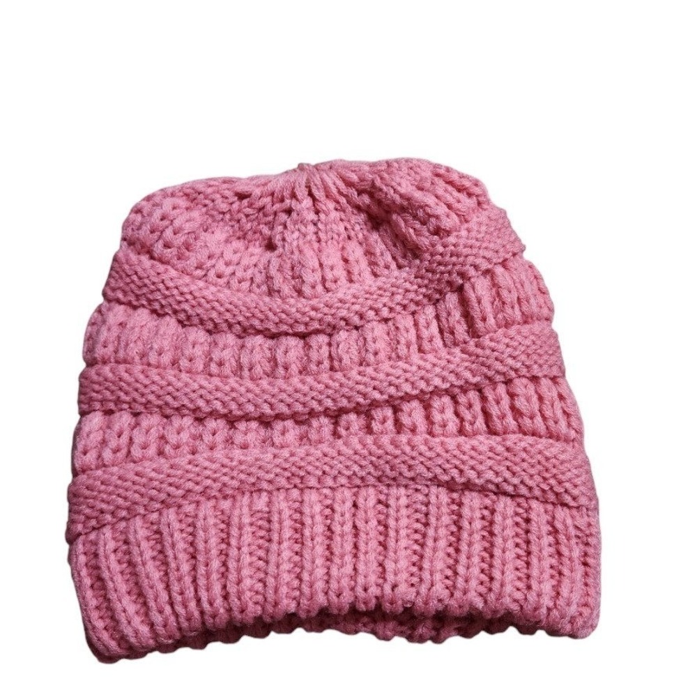 Women's Pink Ponytail Beanie Hat | One Size | Soft Knit